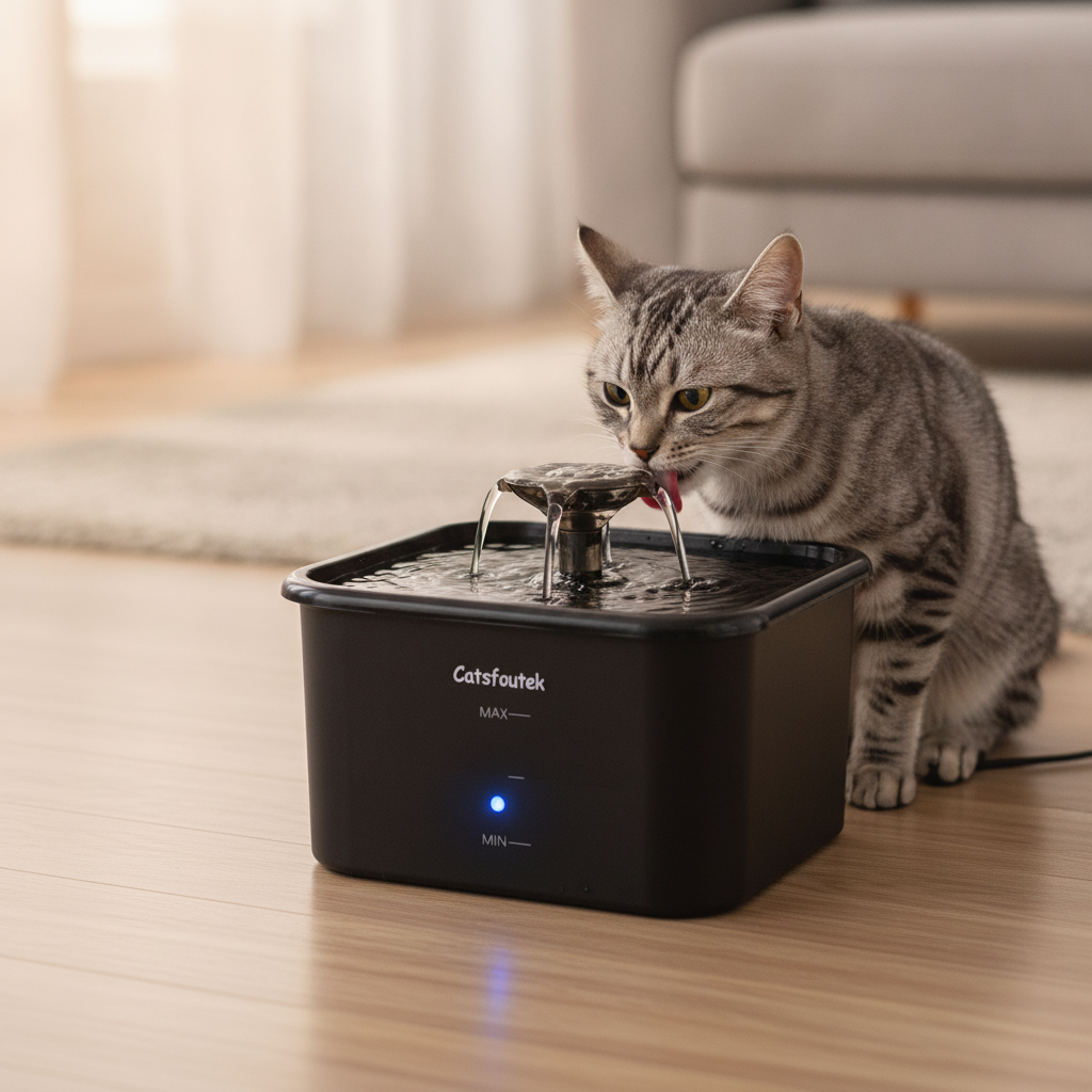 2.2L Automatisk Kattvattenfontän med Rörelsesensor — Make it look like a good first picture for my product page, make it have focus on the fountain and make it look really professional like it…