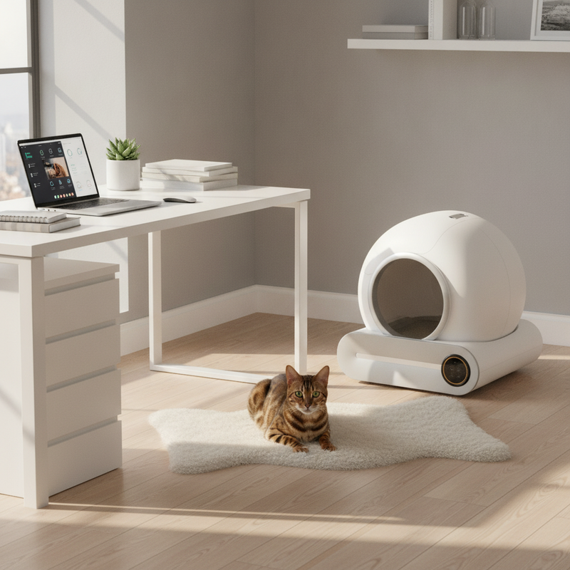 Smart Helautomatisk Kattlåda Stor Kapacitet APP-fjärrkontroll — Lifestyle product photo in a realistic everyday environment, warm natural light, shallow depth of field, cinematic composition.

Scene deta…