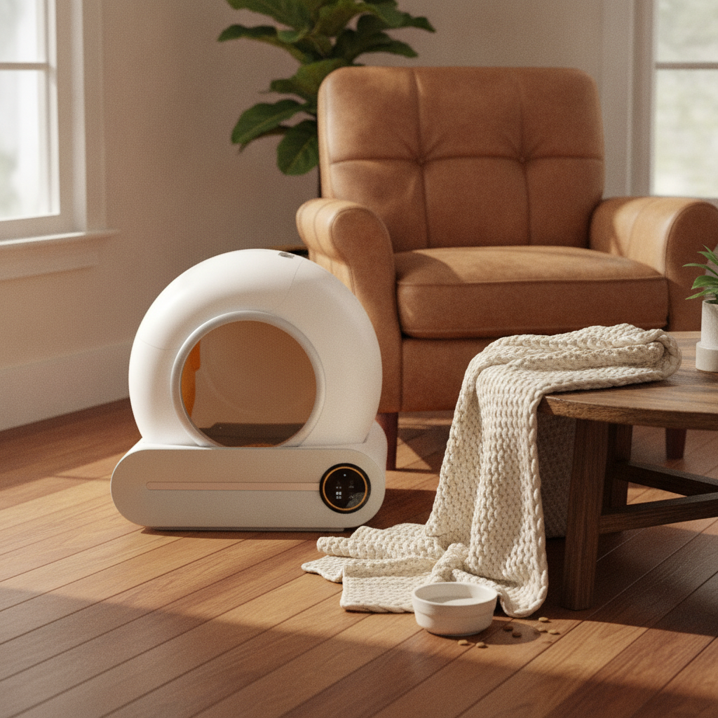 Smart Helautomatisk Kattlåda Stor Kapacitet APP-fjärrkontroll — Lifestyle product photo in a realistic everyday environment, warm natural light, shallow depth of field, cinematic composition.

Scene deta…